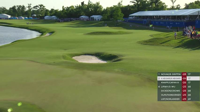 Team Rasmus Højgaard/Nicolai Højgaard makes birdie on No. 18 at Zurich Classic