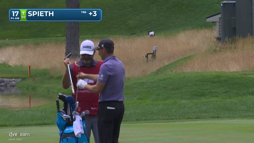 Jordan Spieth gets up-and-down from 148 yards for birdie on No. 17 at Travelers
