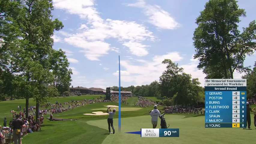 Cameron Young gets up-and-down from 113 yards for birdie on No. 9 at the Memorial