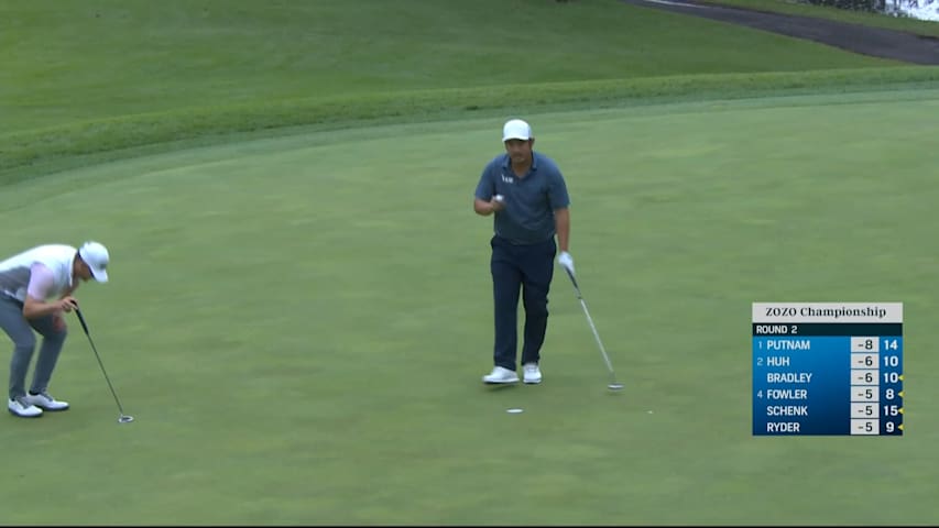 John Huh's approach from the fairway rough settles close at ZOZO