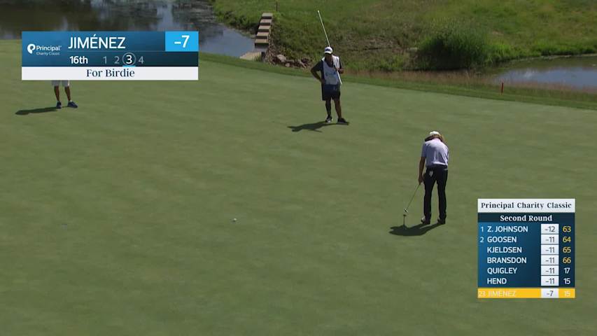 Miguel Angel Jiménez makes birdie putt on No. 16 at Principal Charity Classic
