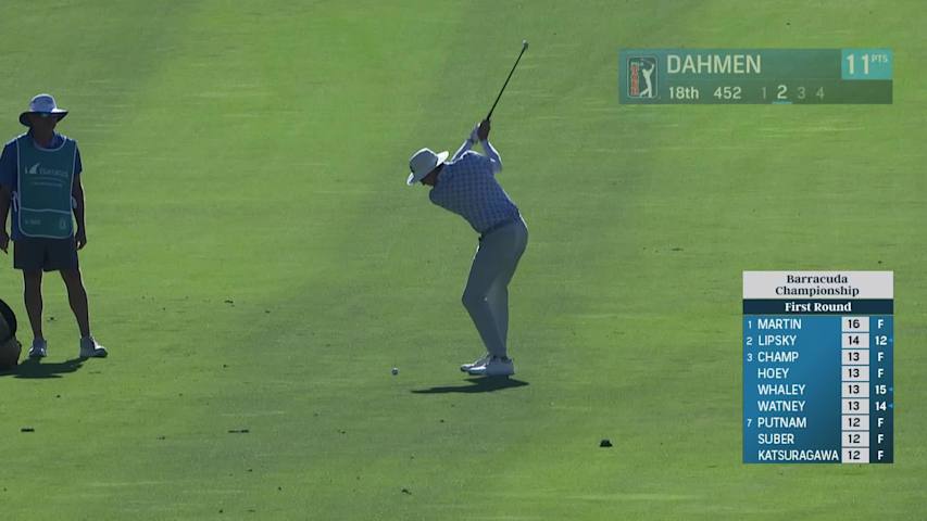Joel Dahmen walks in his birdie putt on No. 18 at Barracuda