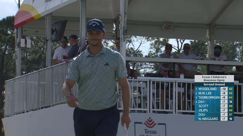 Nicolai Højgaard sinks 23-foot birdie putt on No. 15 at Texas Children's