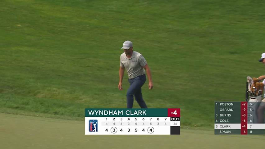 Wyndham Clark holes 60-foot bunker shot for birdie on No. 7 at the Memorial