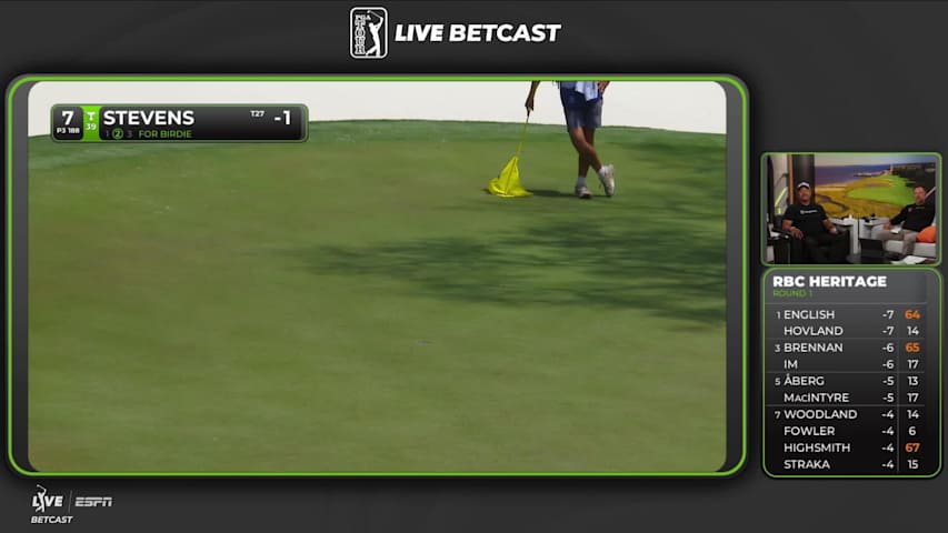 Sam Stevens sinks a 23-foot birdie putt on No. 7 at RBC Heritage