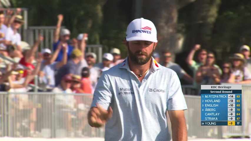 Cameron Young holes 50-foot approach for birdie on No. 18 at RBC Heritage