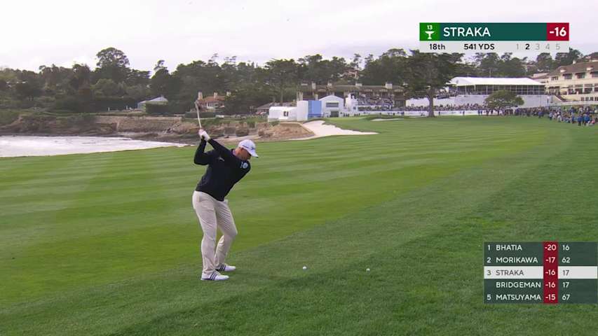 Sepp Straka chips in from 40 yards for birdie on No. 18 at Pebble Beach