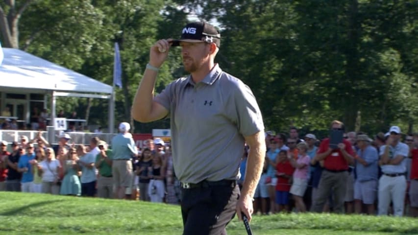 Hunter Mahan cards birdie on the par-3 15th hole at Barclays