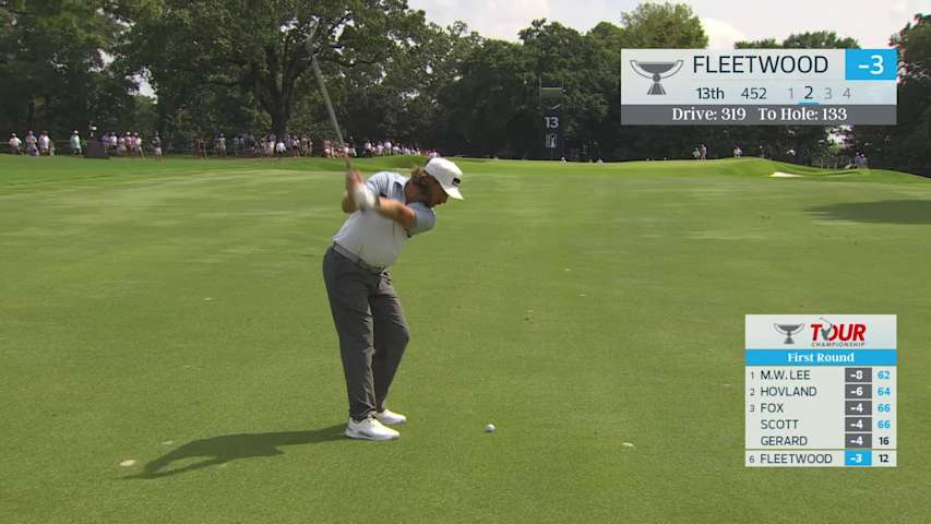 Tommy Fleetwood gets up-and-down from 133 yards for birdie on No. 13 at TOUR Championship