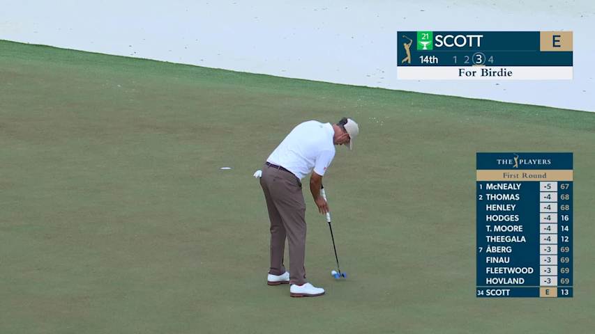 Adam Scott sinks 18-foot birdie putt on No. 14 at THE PLAYERS