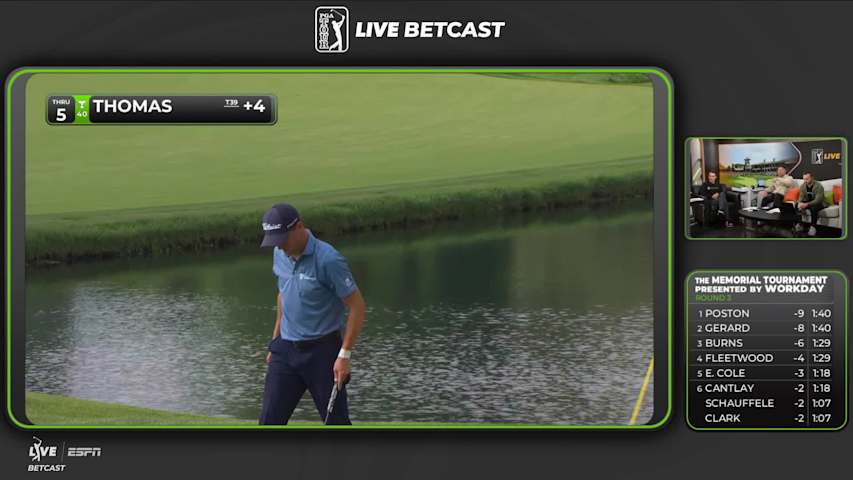 Justin Thomas gets up-and-down from 60 feet for birdie on No. 5 at the Memorial
