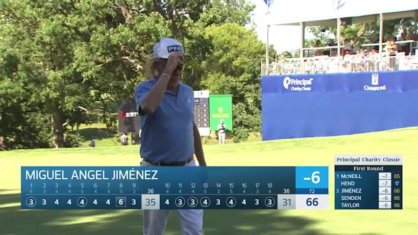 Miguel Angel Jiménez makes birdie on No. 18 at Principal Charity Classic