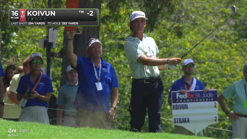 Jackson Koivun's 104-yard bunker shot sets up birdie on No. 16 at FedEx St. Jude