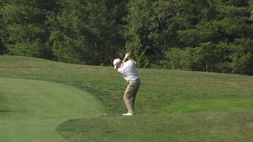 Woody Austin nearly holes approach from fairway rough at Boeing Classic