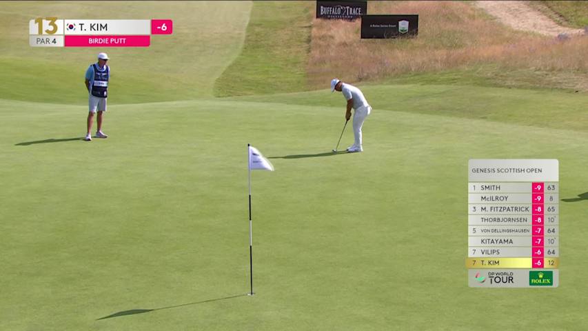 Tom Kim sinks 35-foot birdie putt on No. 13 at Genesis Scottish Open