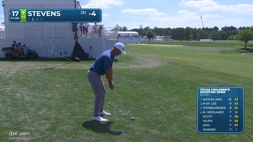 Sam Stevens drains 26-foot birdie putt on No. 17 at Texas Children's
