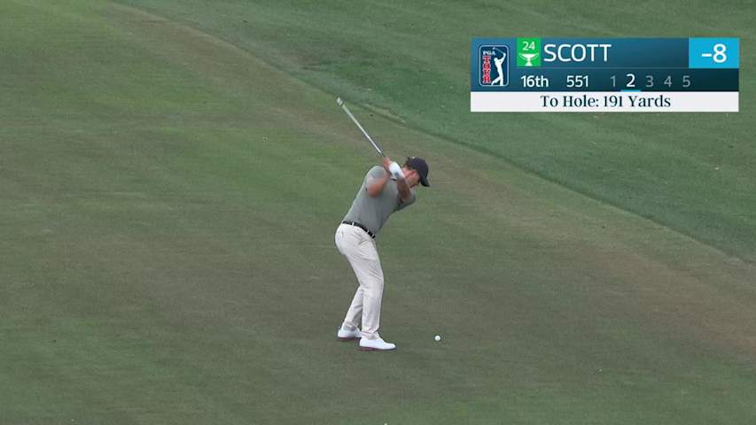 Adam Scott hits 201-yard approach to 42 feet, sets up birdie on No. 16 at Texas Children's