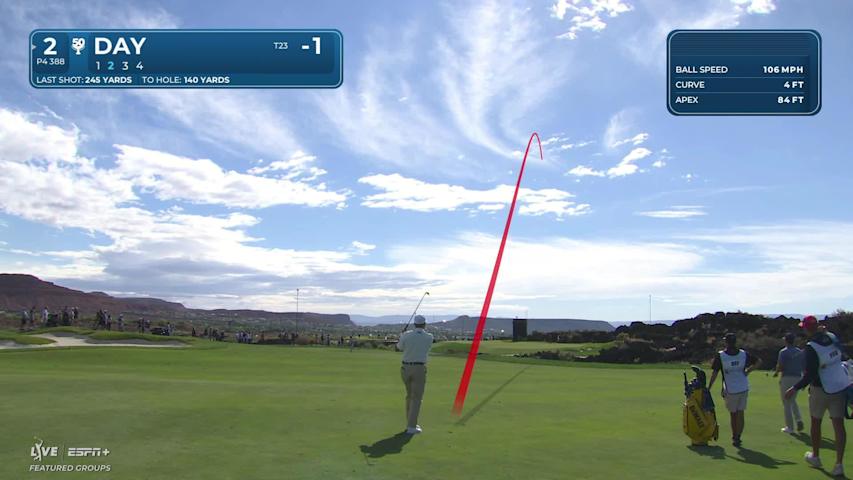 Jason Day rolls a 28-foot left-to-right breaker for birdie on No. 2 at Bank of Utah