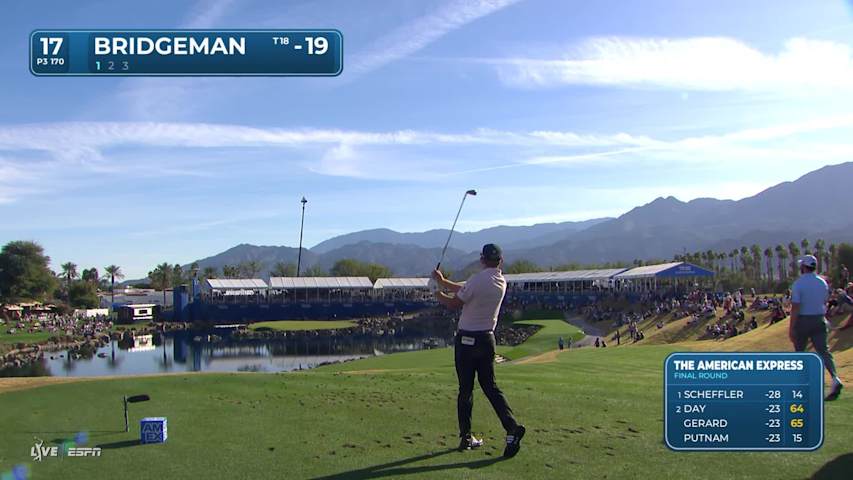 Jacob Bridgeman sinks 15-foot birdie putt on No. 17 at The American Express