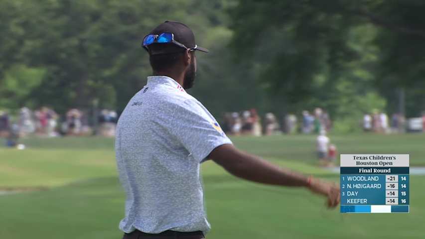 Sahith Theegala sinks 29-foot birdie putt on No. 16 at Texas Children's