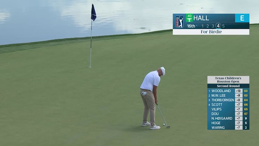 Harry Hall rolls in 26-foot birdie putt on No. 16 at Texas Children's