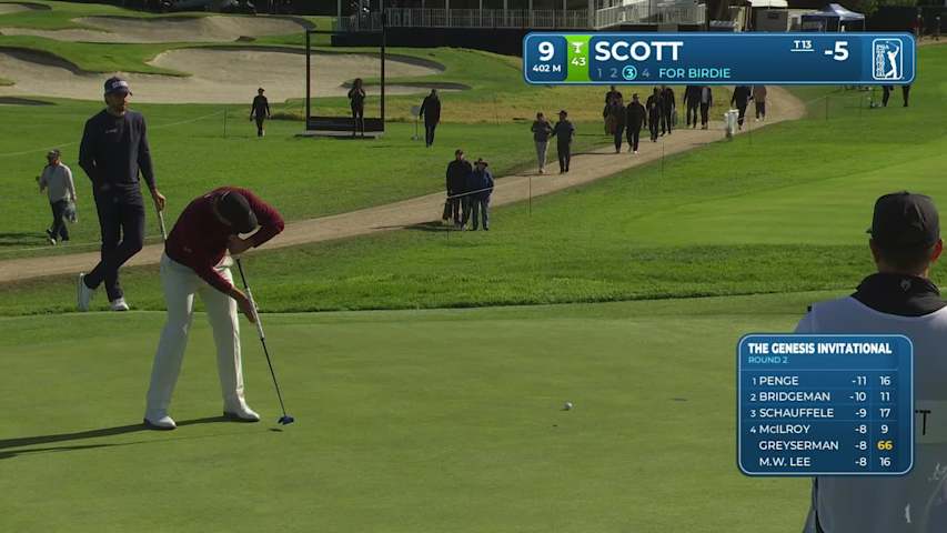 Adam Scott sinks 10-foot birdie putt on No. 9 at The Genesis