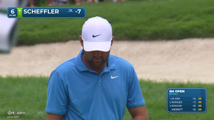 Scottie Scheffler drains 8-foot putt for birdie on No. 6 at 3M Open