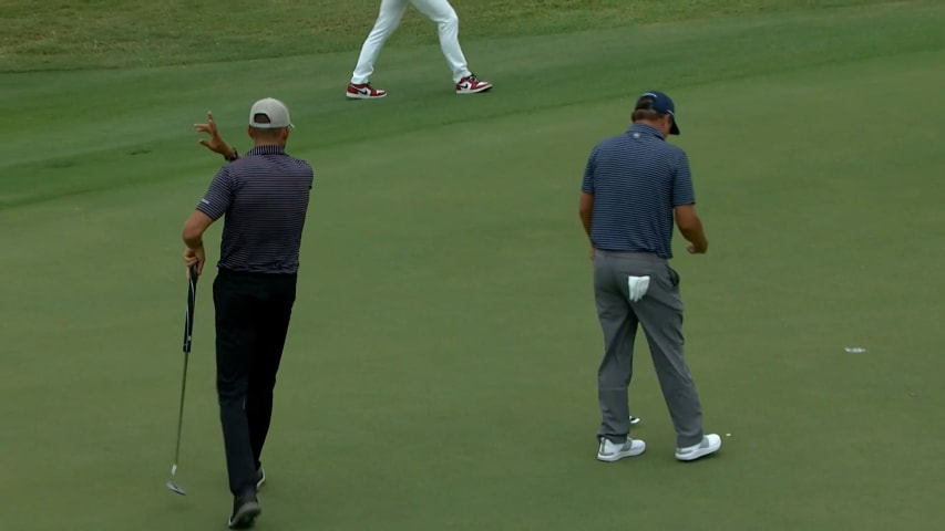 D.J. Trahan's putt for birdie finds the edge of the cup at Sanderson Farms