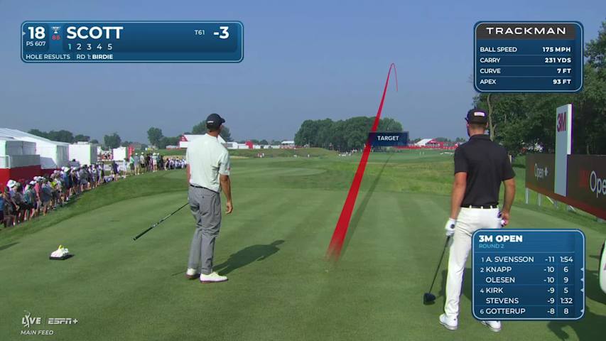 Adam Scott sinks a 27-foot eagle putt on No. 18 at 3M Open