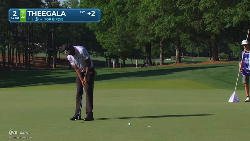 Sahith Theegala sinks 6-foot putt for birdie on No. 2 at Truist Championship