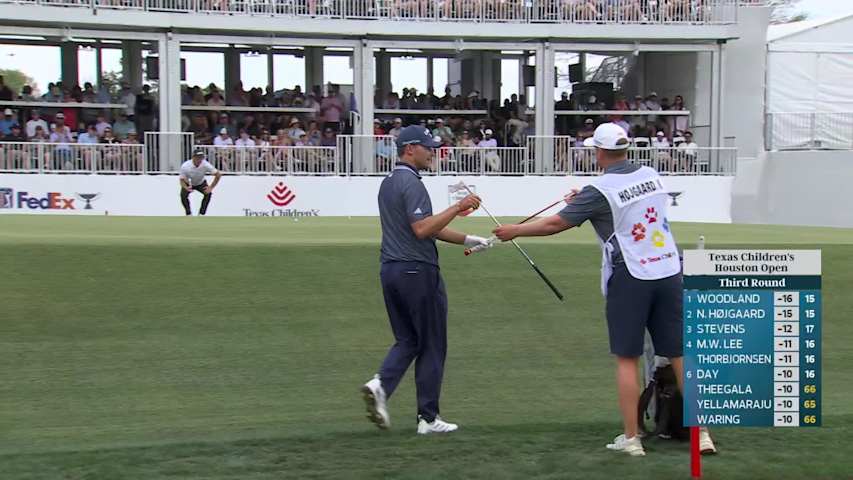 Nicolai Højgaard drains 8-foot birdie putt on No. 16 at Texas Children's