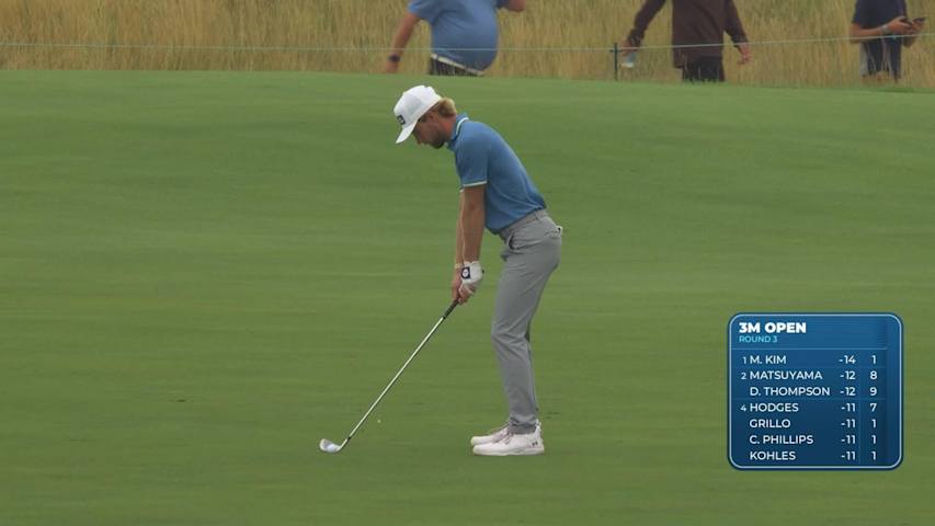 Rasmus Neergaard-Petersen sinks 15-foot eagle putt on No. 18 at 3M Open