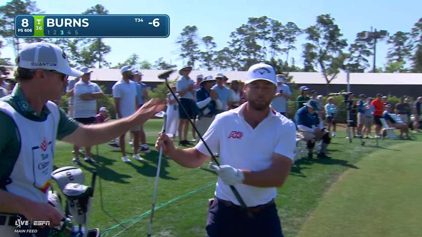 Sam Burns rolls in 3-foot birdie putt on No. 8 at Texas Children's