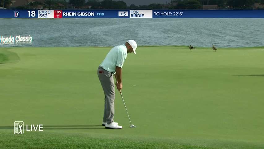 Rhein Gibson sinks a 22-foot birdie on No. 18 in Round 1 at Honda