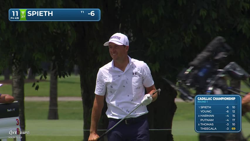 Jordan Spieth holes 21-foot shot for birdie on No. 11 at Cadillac