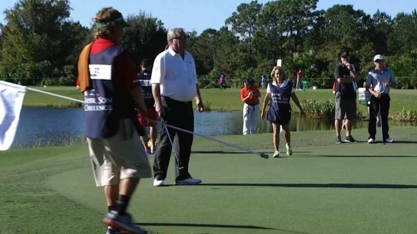 Fuzzy Zoeller pours in his birdie putt on No. 4 at PNC Father/Son
