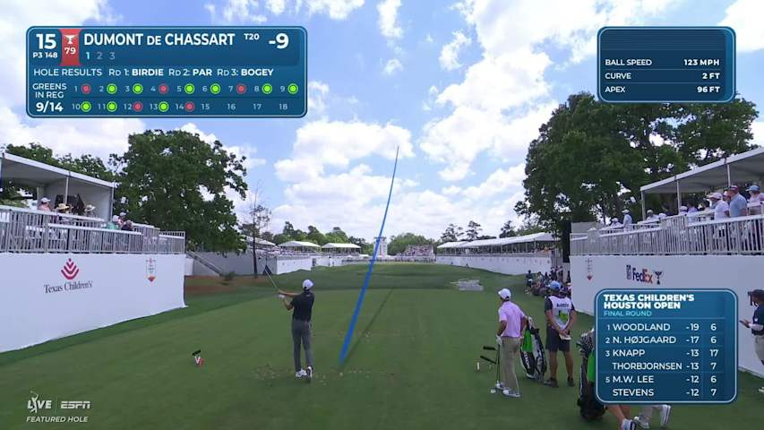 Adrien Dumont de Chassart sinks 20-foot birdie putt on No. 15 at Texas Children's