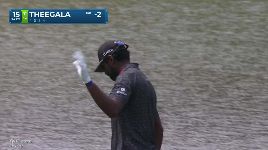 Sahith Theegala drains 2-foot putt for birdie on No. 15 at Travelers