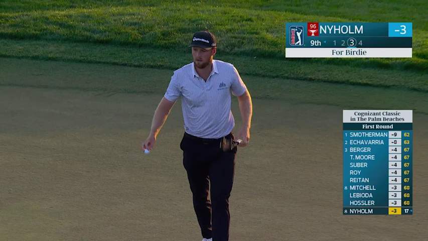 Pontus Nyholm sinks 11-foot birdie putt on No. 9 at Cognizant Classic