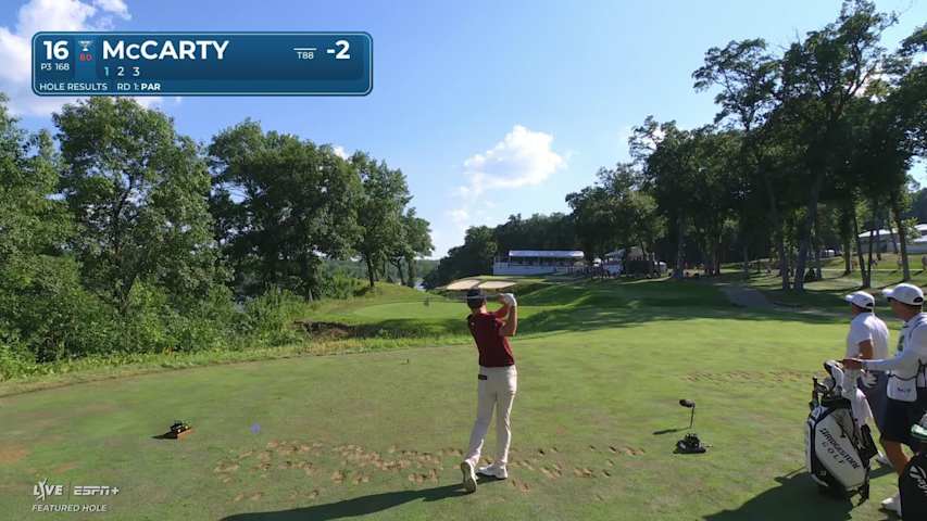 Matt McCarty holes out for birdie from 14-feet on No. 16 at John Deere