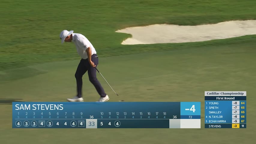 Sam Stevens drains 7-foot putt for birdie on No. 12 at Cadillac