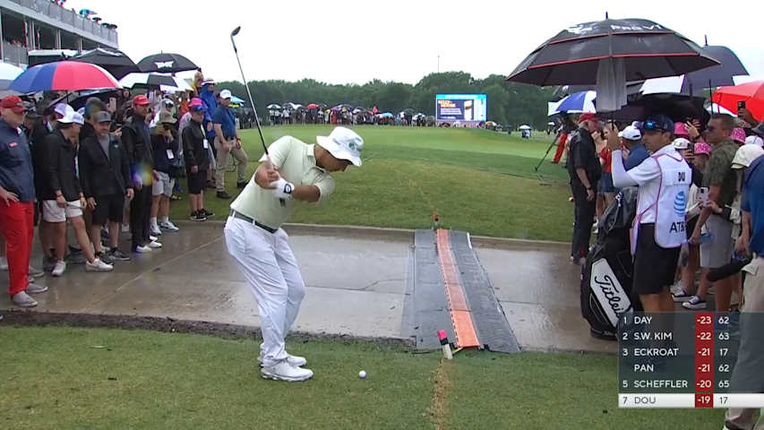 Zecheng Dou get up-and-down from the cart path for birdie at AT&T Byron Nelson