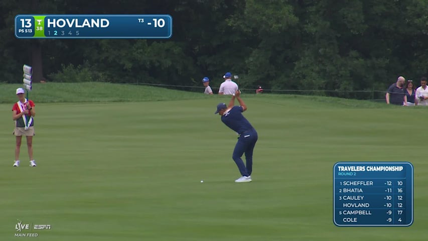 Viktor Hovland sinks a 26-foot eagle putt on No. 13 at Travelers