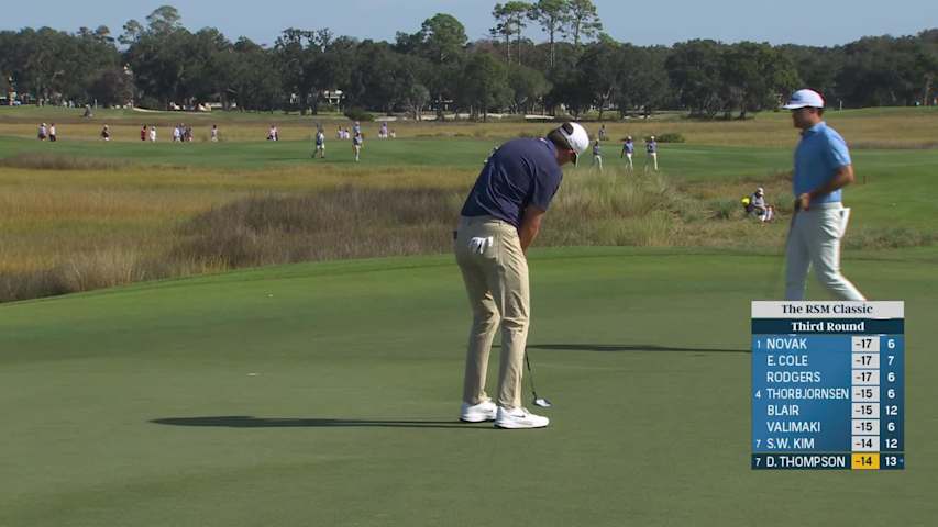 Davis Thompson sinks 13-foot birdie putt on No. 5 at The RSM Classic