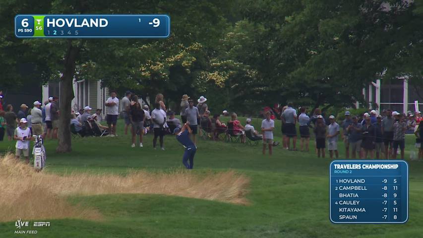 Viktor Hovland drains 5-foot putt for birdie on No. 6 at Travelers