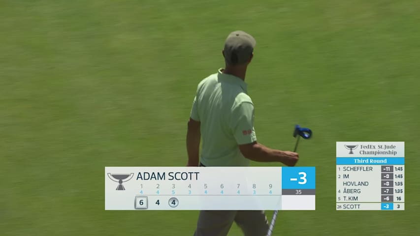 Adam Scott drains 9-foot putt for birdie on No. 3 at FedEx St. Jude