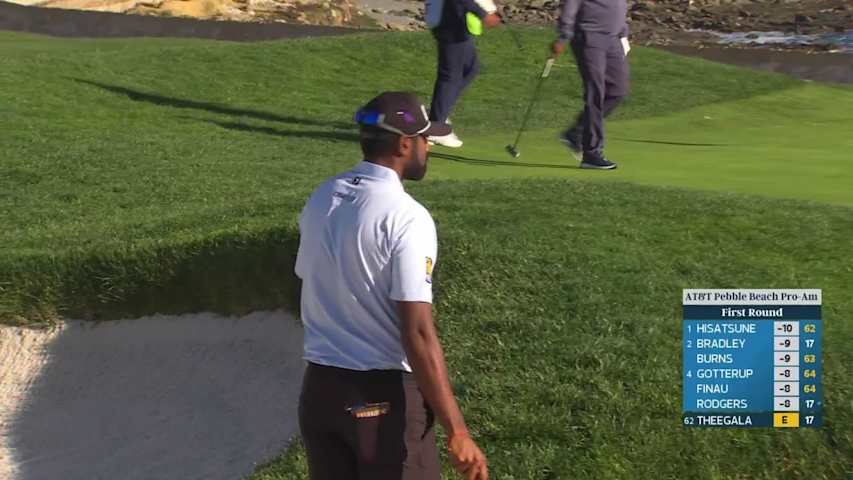 Sahith Theegala drains 6-foot birdie putt on No. 18 at Pebble Beach