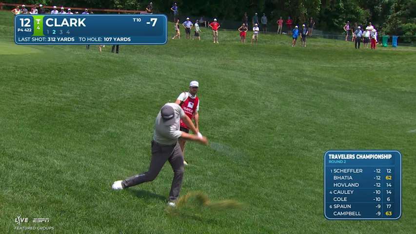 Wyndham Clark sinks a 38-foot birdie putt on No. 12 at Travelers