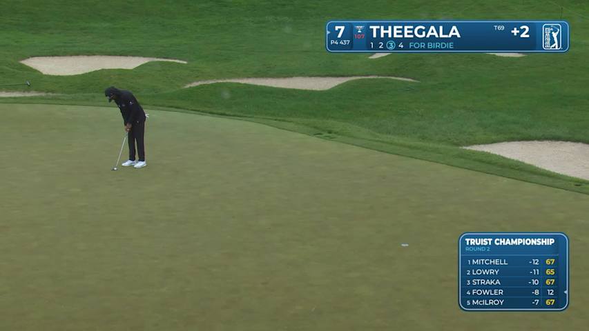Sahith Theegala rolls in a 21-foot birdie putt at Truist Championship