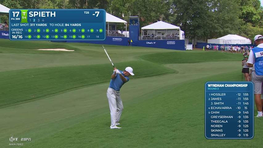 Jordan Spieth gets up-and-down from 83 yards for birdie on No. 17 at Wyndham